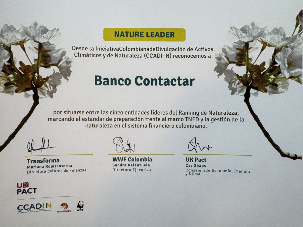 Banco Contactar reconocimiento TNFD Colombia sostenibilidad financiera